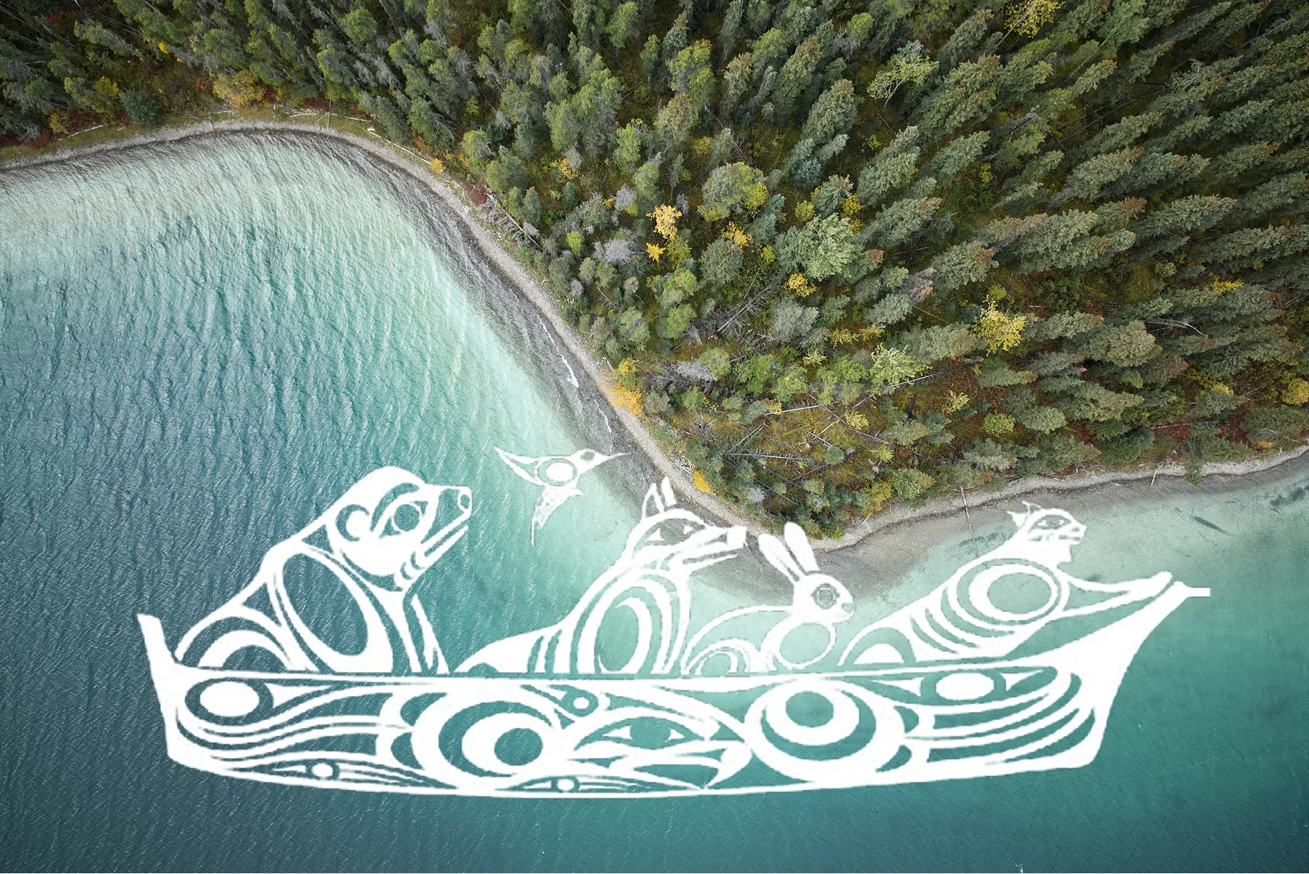 An image showing a topview of a beach with a canoe white sketch on the foreground.