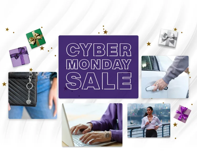 A collage displaying different safety devices and a roundel with the words “Cyber Monday deals”