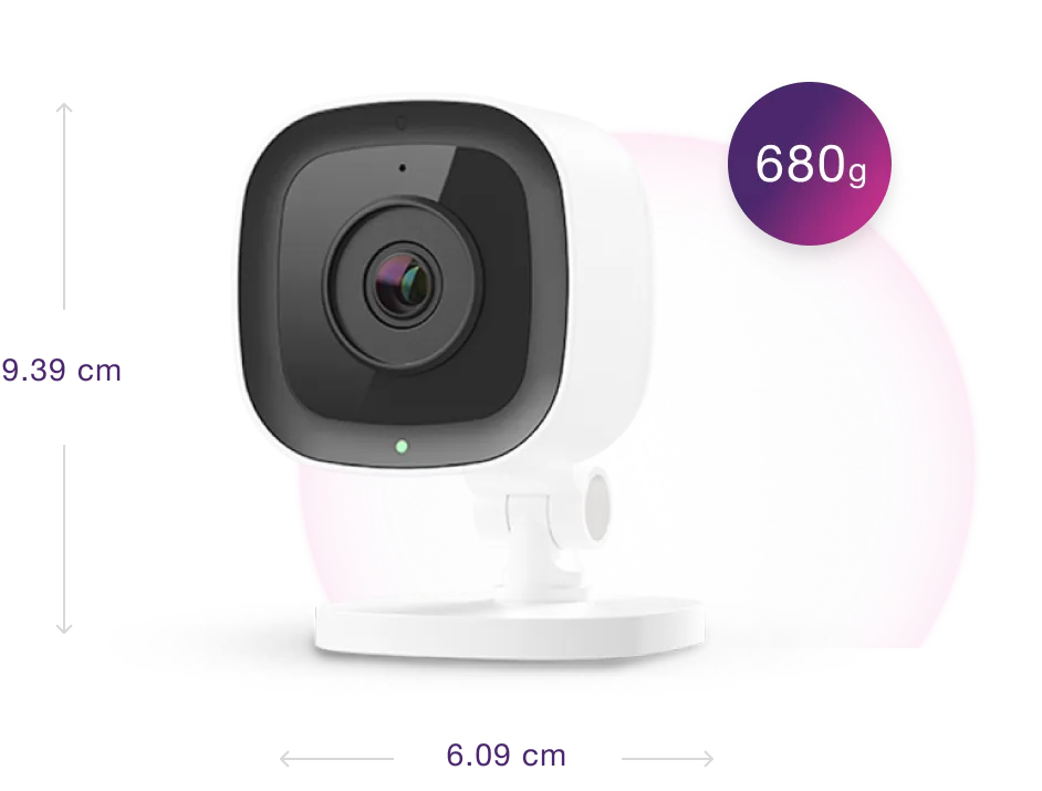 Indoor Wi-Fi Security Camera with size markings 6.09 x 7.62 x 9.39 cm  and weight of 690 grams 