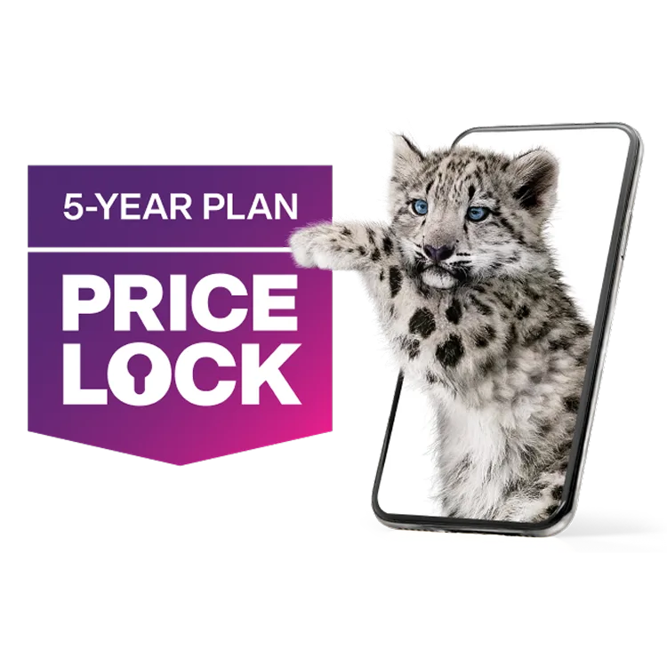 A snow leopard emerges from a smartphone. 5-Year Plan Price Lock.