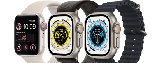 The Apple Watch SE 2nd generation and two Apple Watch Ultra’s side by side.