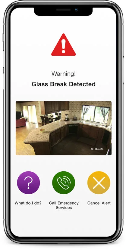 Smartphone screen displaying the glass break sensor warning