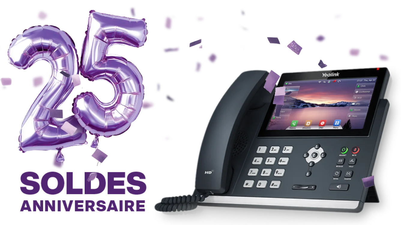 Un téléphone fixe de couleur gris et argenté, avec un grand écran tactile intégré. Un autocollant avec les mots « Solde du 25e anniversaire »