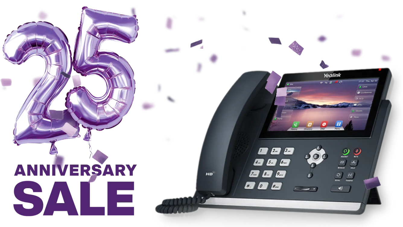 Dark grey and silver landline phone with a large, built-in touch screen. A sticker with the words "25th Anniversary Sale" 