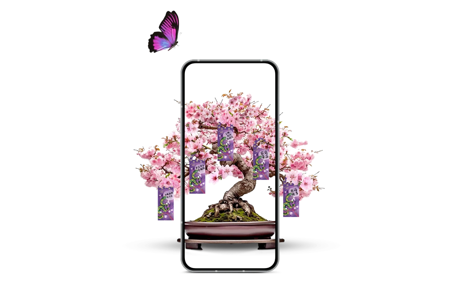 A peach blossom tree on a mobile phone screen. There are five Lunar New Year red packet envelopes hanging from the tree. The envelopes are TELUS-themed and celebrate the year of the snake.