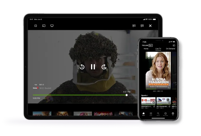 A tablet and smartphone. The tablet screen is displaying content while the phone has the TELUS TV+ app open.