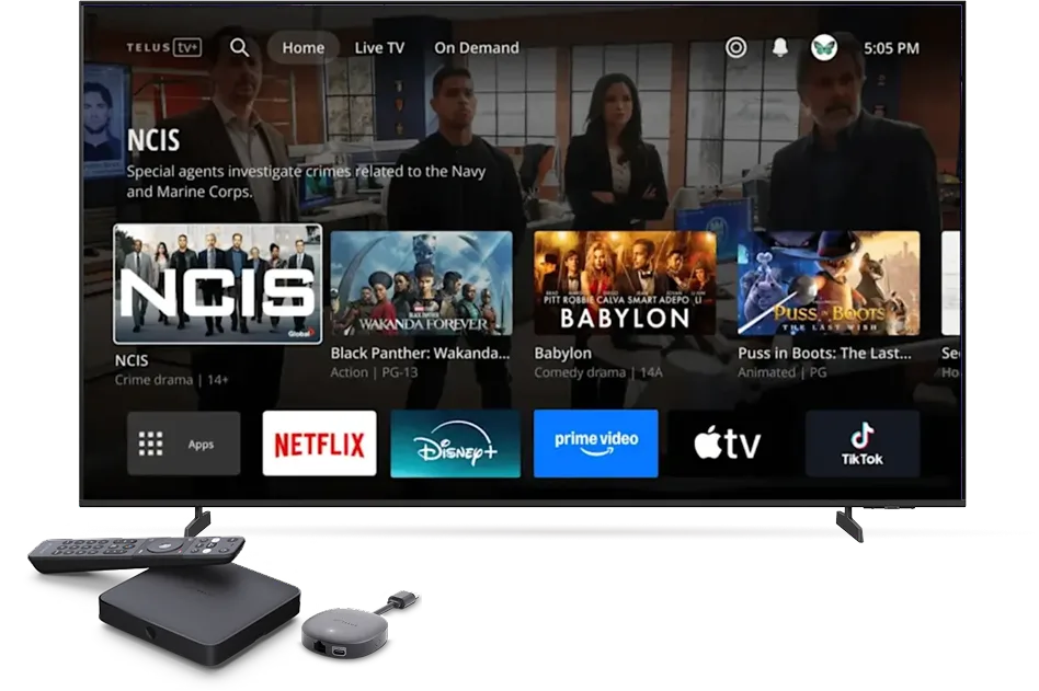 A large TV displays the new Optik TV interface with the new TELUS TV Device and remote