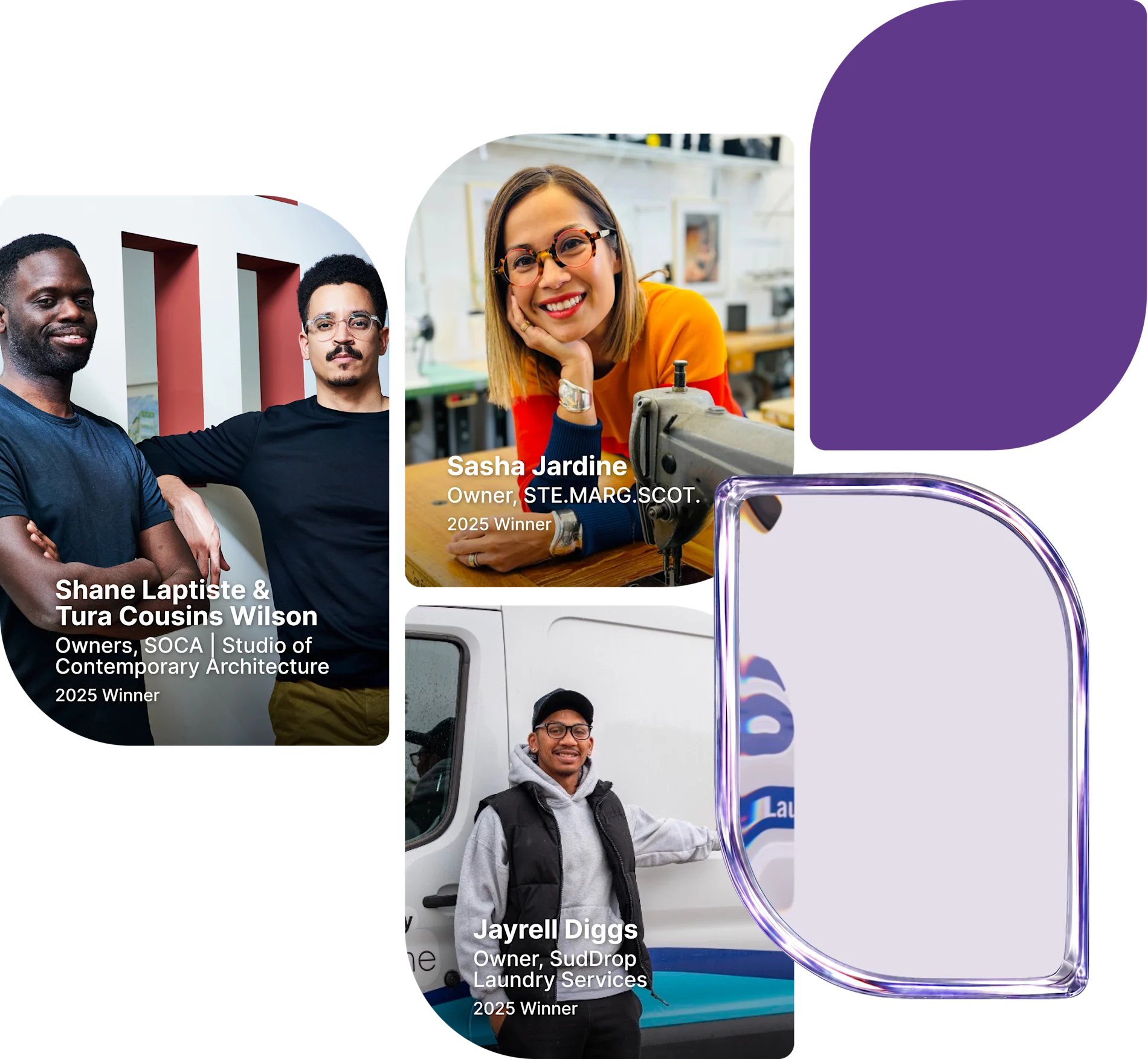 Collage featuring past #StandWithOwners winners from STE.MARG.SCOT., Studio of Contemporary Architecture and SudDrop Laundry Services.
