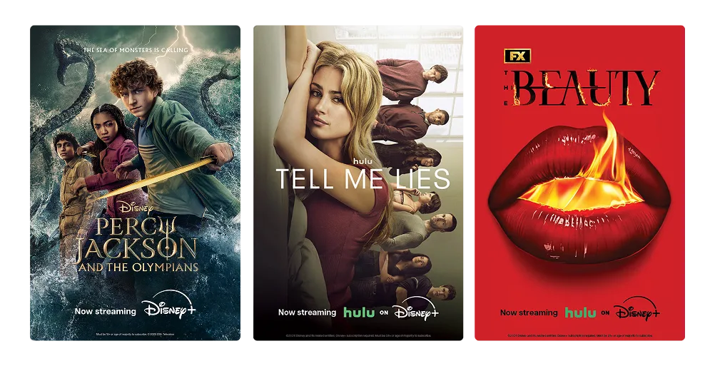 Three posters: Percy Jackson and The Olympians, Tell Me Lies, and The Beauty.