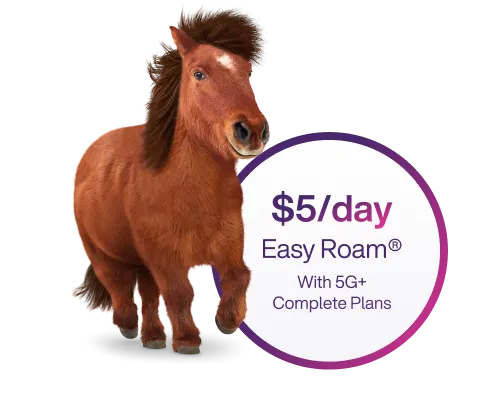 A circle containing promotional text reads "$5/day Easy Roam® with 5G+ Complete Plans" next to a mini horse in mid-gallop.