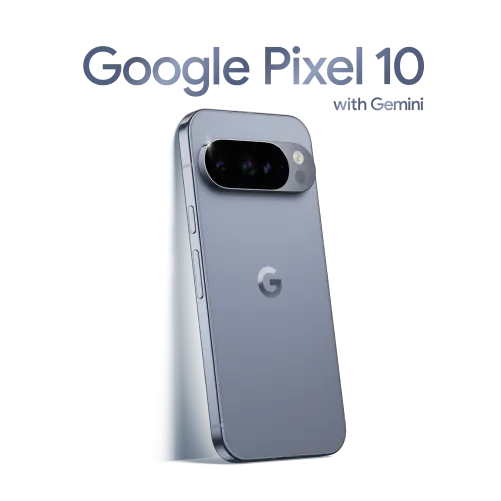 Google Pixel 10 Pro in Moonstone shown from the back at an angle, with 'Google Pixel 10' with Gemini AI'.