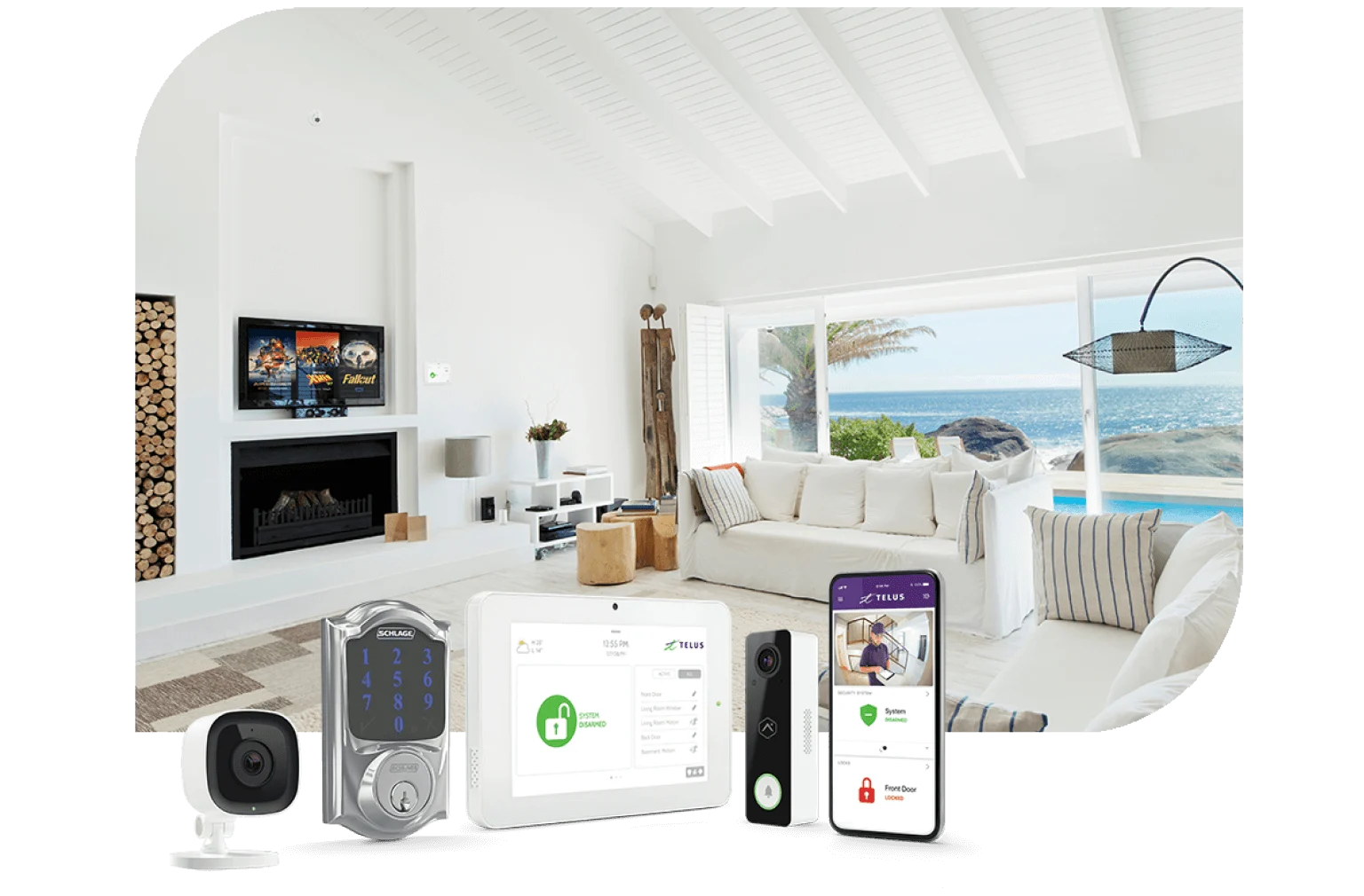 An image showing the interior of a cottage alongside images of TELUS SmartHome Security devices.