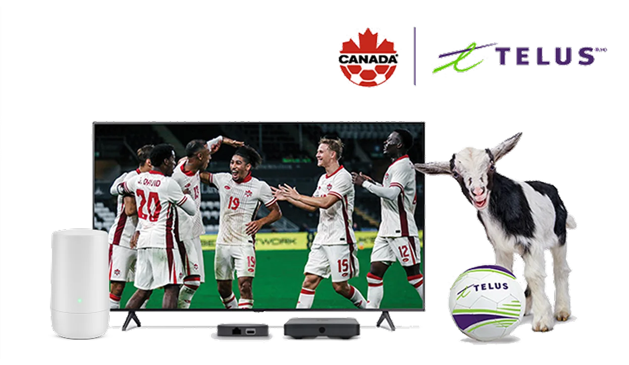 An image featuring a TELUS TV with a soccer team on screen and a goat critter. A TELUS and Canada's National soccer team can also be seen at the top right corner.
