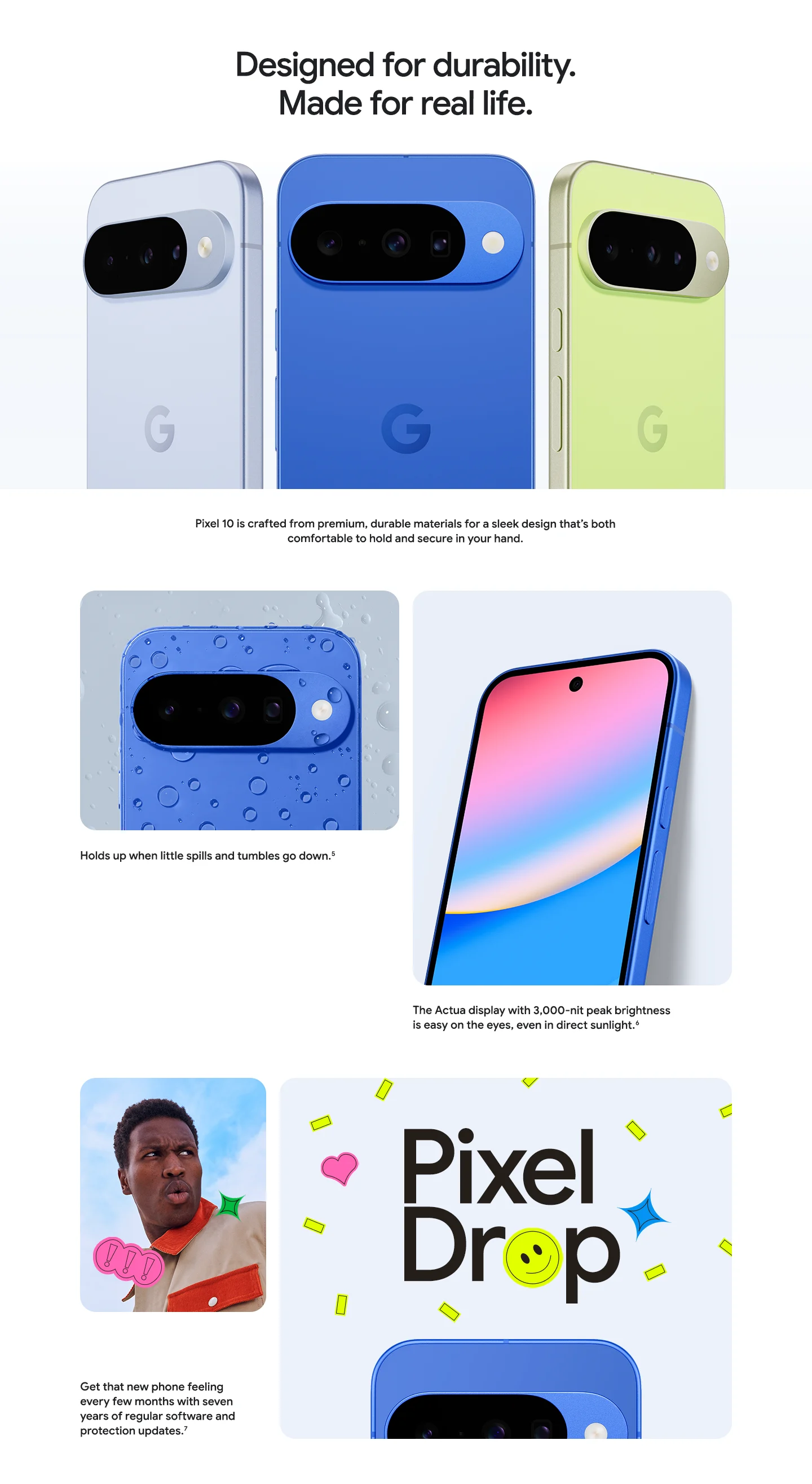 Secure grip, water-resistant design, and bright Actua display with 3,000-nit peak brightness. Pixel Drop ensures seven years of software and security updates.