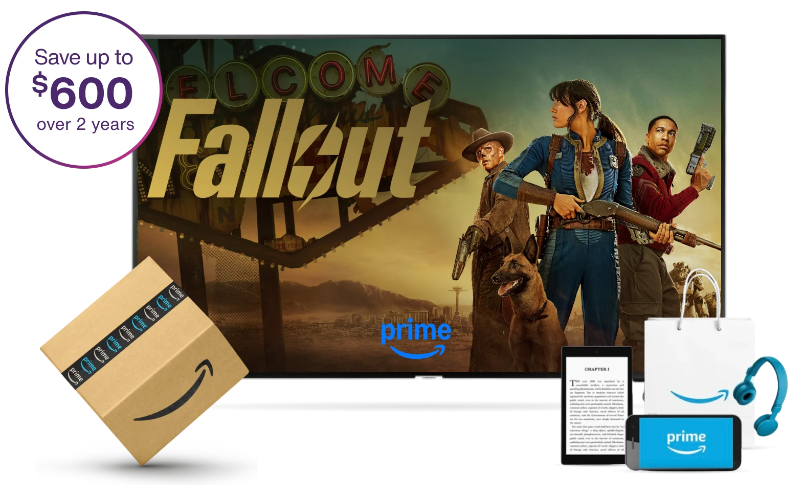 A TV, tablet, smartphone, headphones, an Amazon parcel, and an Amazon bag. The TV screen displays the poster for Fallout on Amazon Prime.