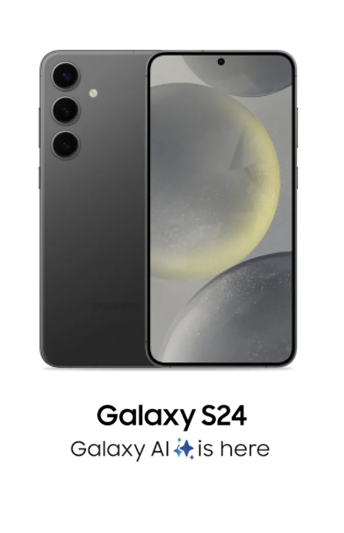 The front and back view of Samsung Galaxy S24 in Onyx Black with the logo reading “Galaxy S24: Galaxy AI is here” .