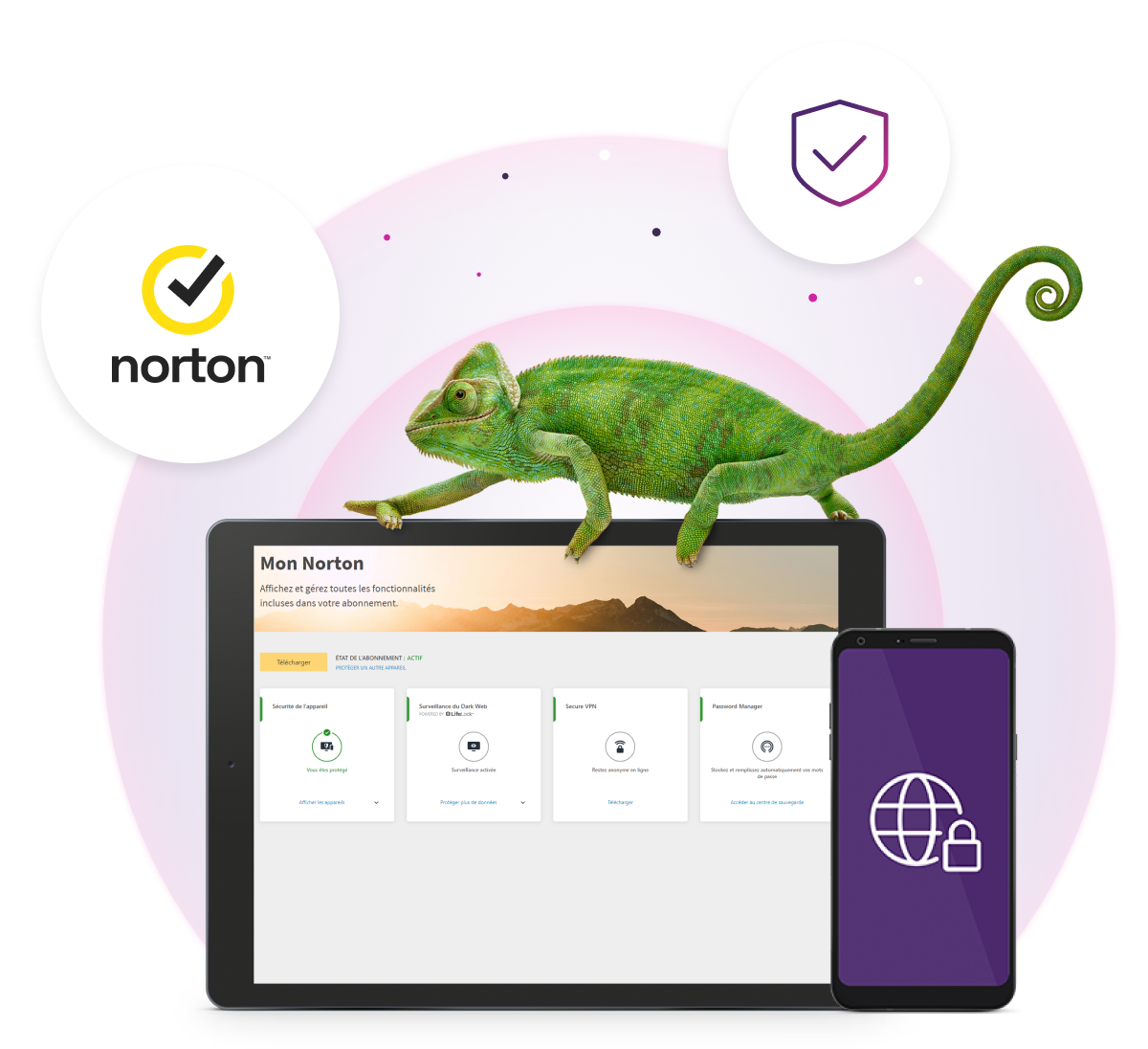 Un écran de tablette sur Protection numérique de TELUS affiche la protection de l’appareil, la Surveillance du Dark Web (Web clandestin), le RPV sécurisé, le Gestionnaire de mots de passe et le logo Norton. 