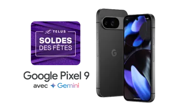 Un logo indiquant « Soldes des Fêtes » flotte au-dessus de la vue avant et arrière du Google Pixel 9.