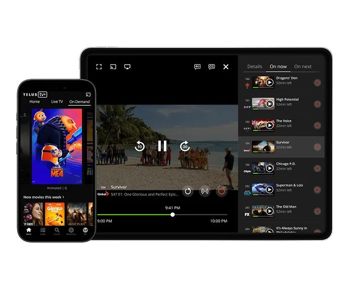 A tablet and smartphone with the TELUS TV app open, featuring popular content such as Despicable Me 4 and Survivor.