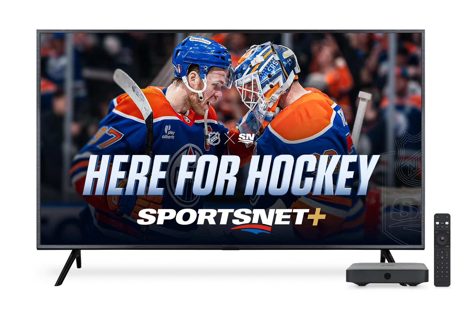 TV with image of 2 hockey players. Text reads: Here for Hockey!