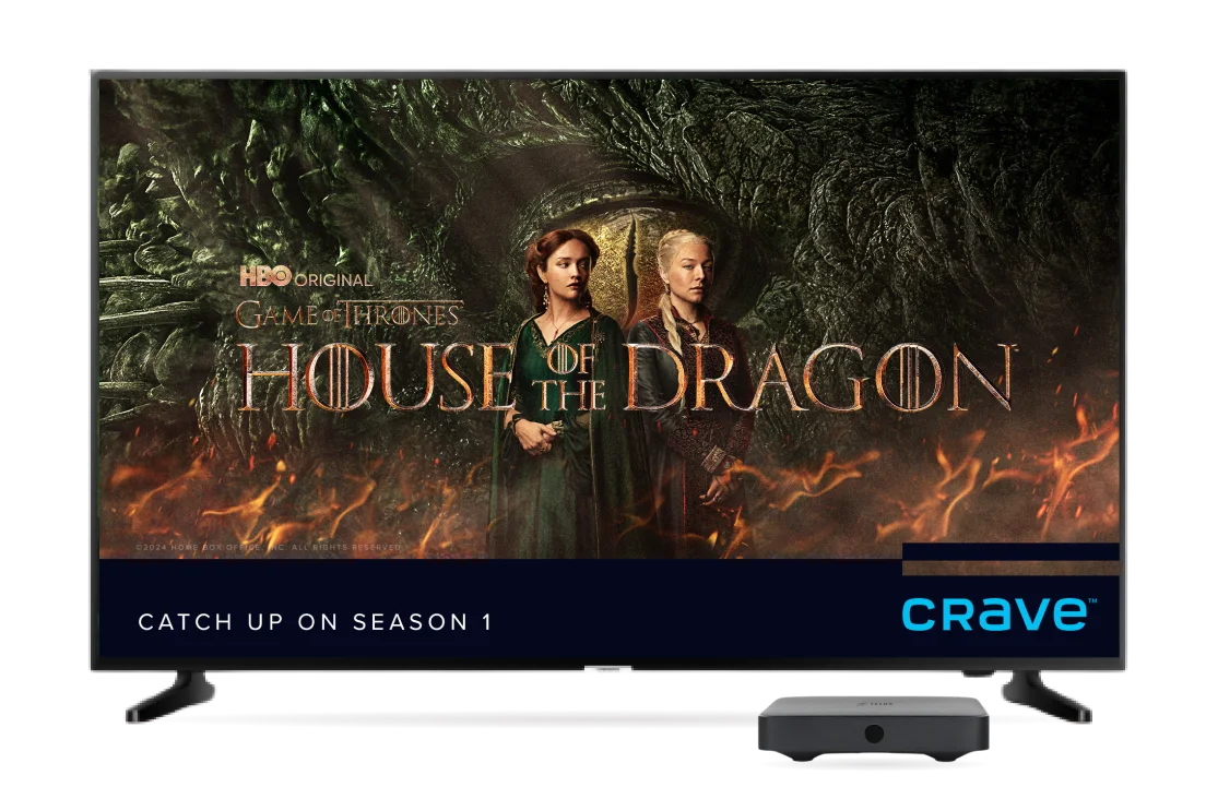 A big screen screen TV showing the hit Crave show, House of the Dragon, along with an Optik TV digital box.
