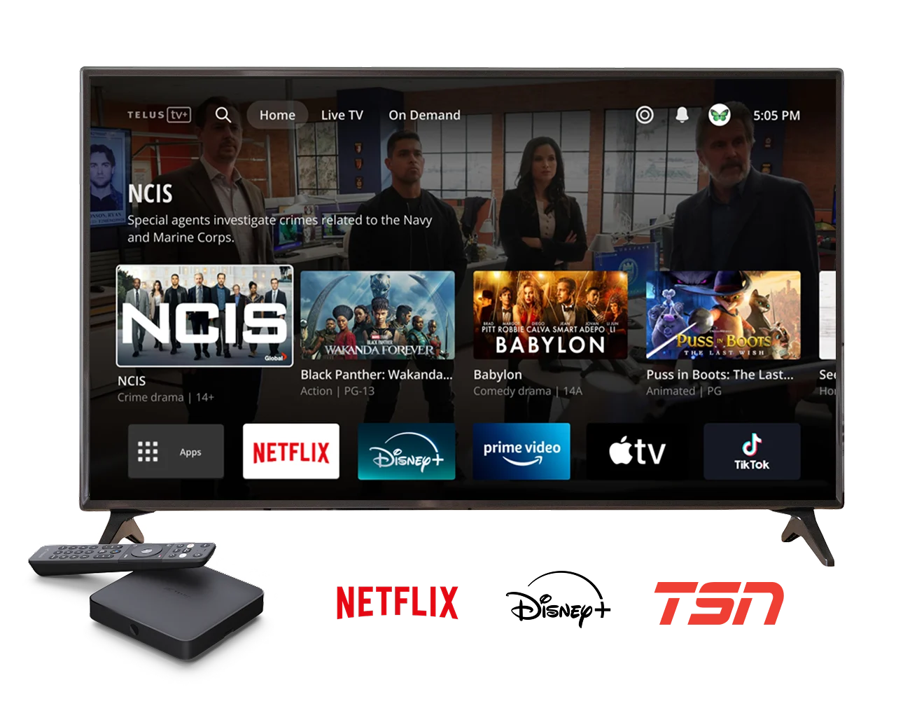 A large TV with various show selections on TELUS TV+ app.