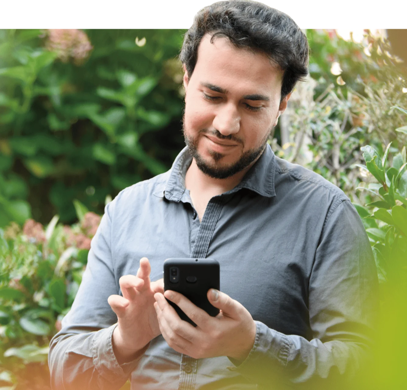 A man in a garden viewing a smartphone