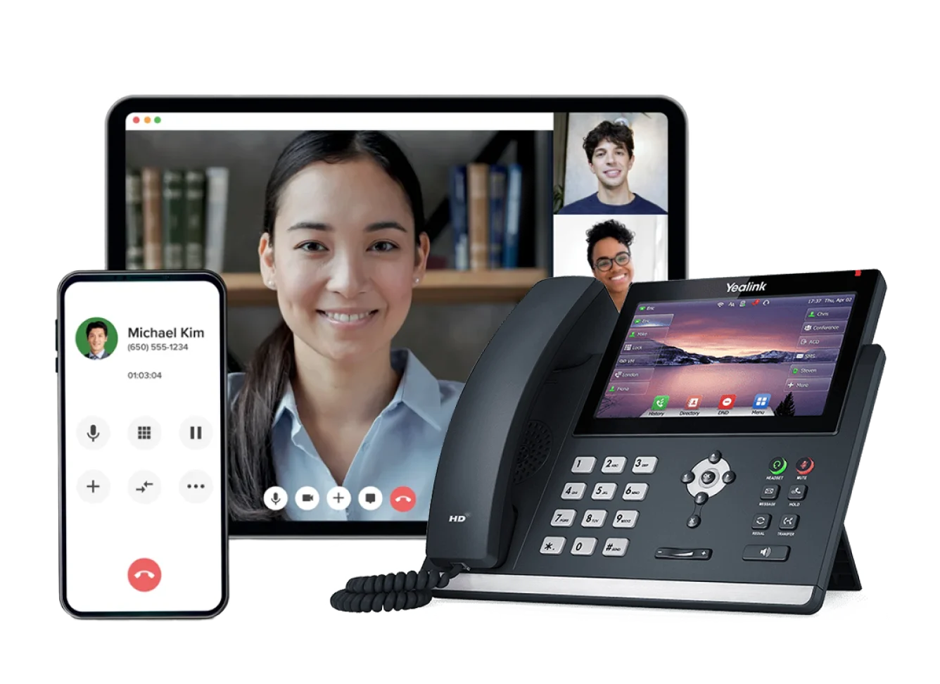 A tablet, a smart phone and a Yealink desk phone show the possibilities available when you bundle with Business Connect.