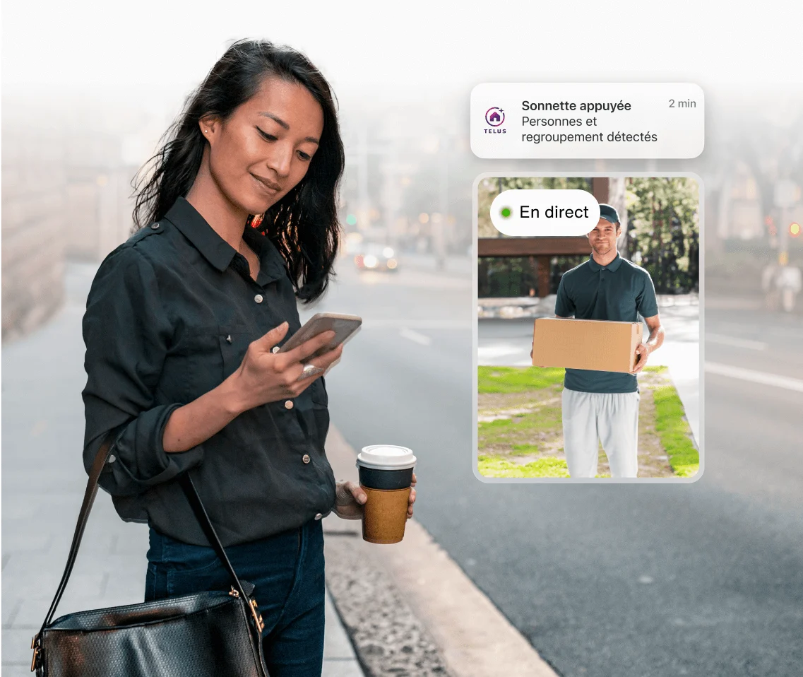 Femme utilisant un téléphone intelligent, notification Maison connectée montrant la livraison d’un colis