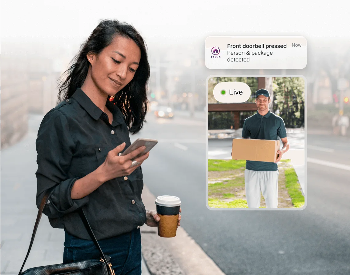 Woman using smartphone with smart home security notification showing package delivery detection
