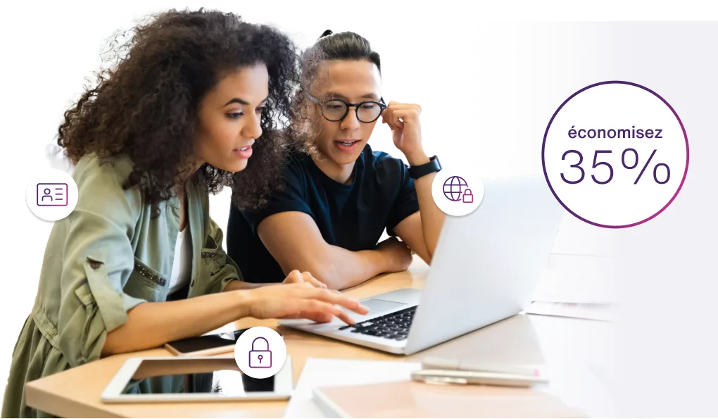 In the image, a young woman and man work on a school project on a laptop. Their tablet rests on the desk. The roundel says "Save 35%."