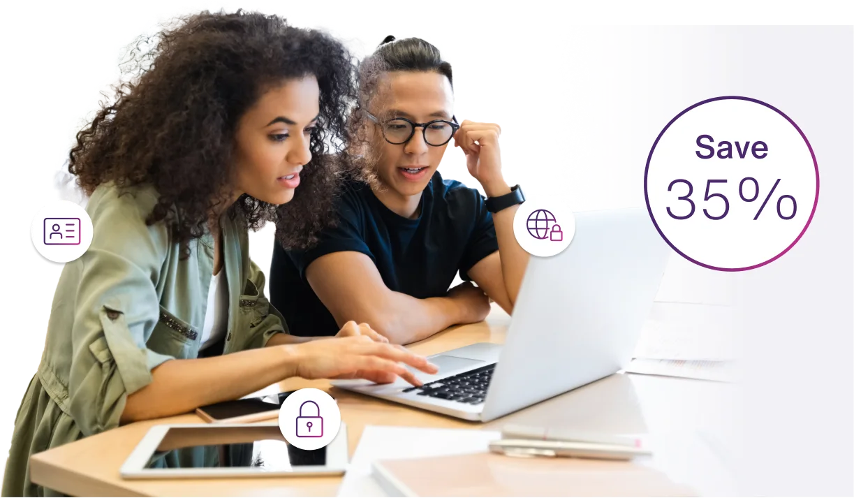 In the image, a young woman and man work on a school project on a laptop. Their tablet rests on the desk. The roundel says "Save 35%."