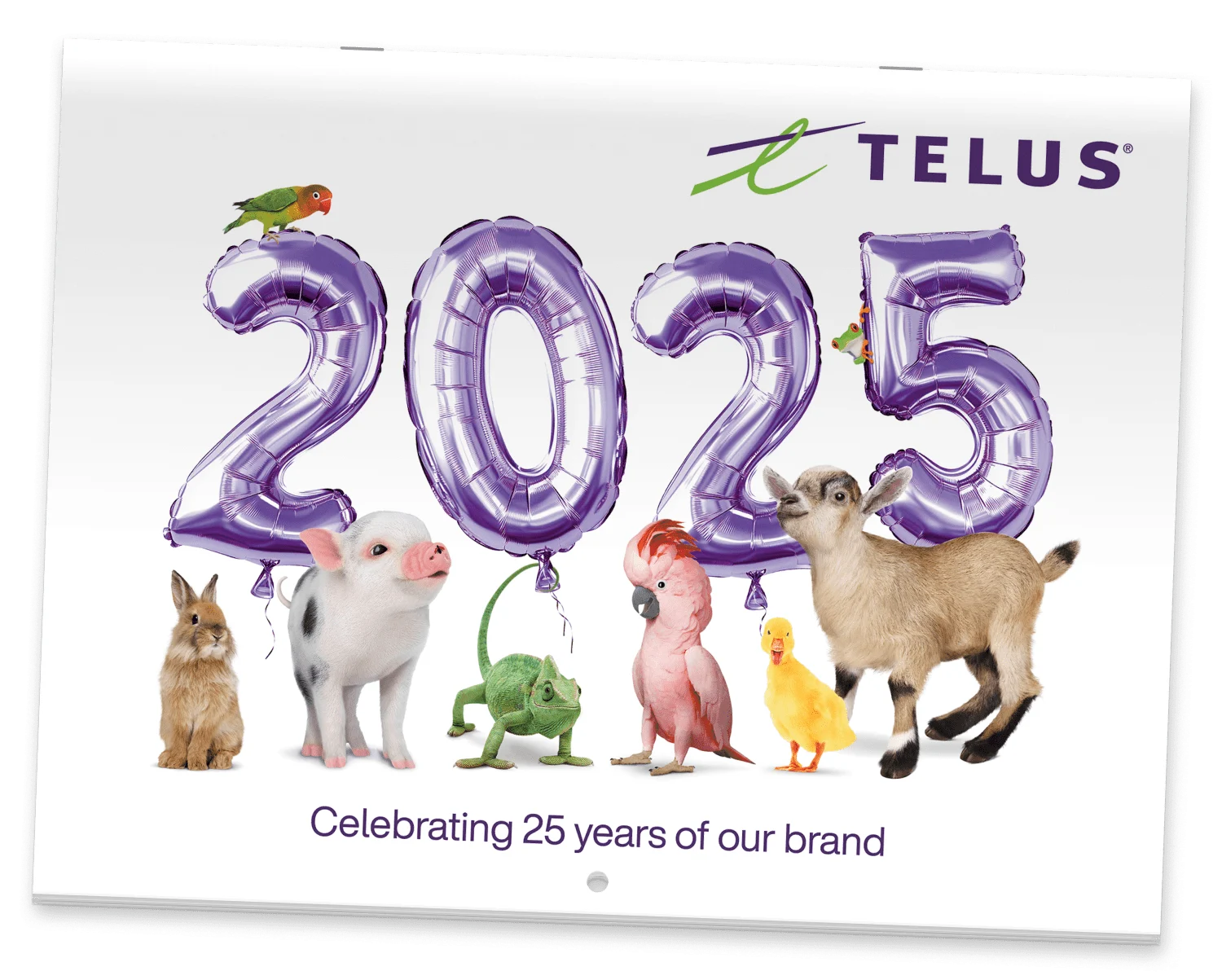 An image of a cover of a paper calendar with the TELUS logo, the words “Celebrating 25 years of our brand,” 2025 balloon numbers and eight TELUS critters