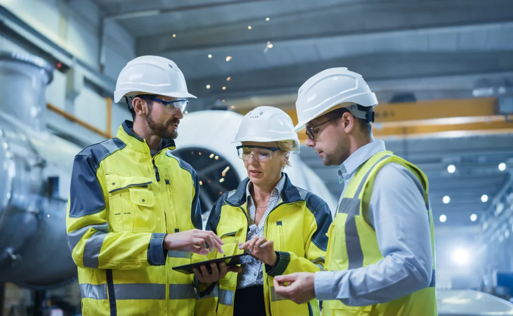 Three connected workers - 2 male 1 female - wearing hard hats in an airplane hangar