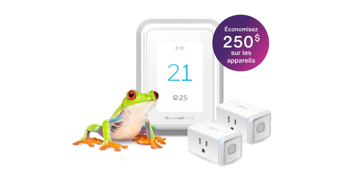 Une grenouille se tient à côté d’un thermostat intelligent et de deux prises de courant intelligentes qui portent l’inscription « Économisez 250 $ sur des dispositifs. »