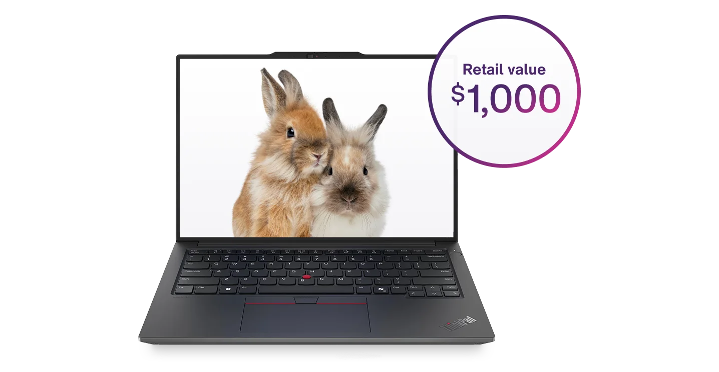A black Lenovo laptop displaying two TELUS bunnies. A roundel beside the laptop reads: Retail value: $1,000.