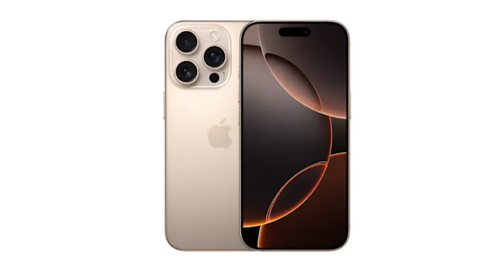 Front and back view of the iPhone 16 Pro in Natural Titanium.