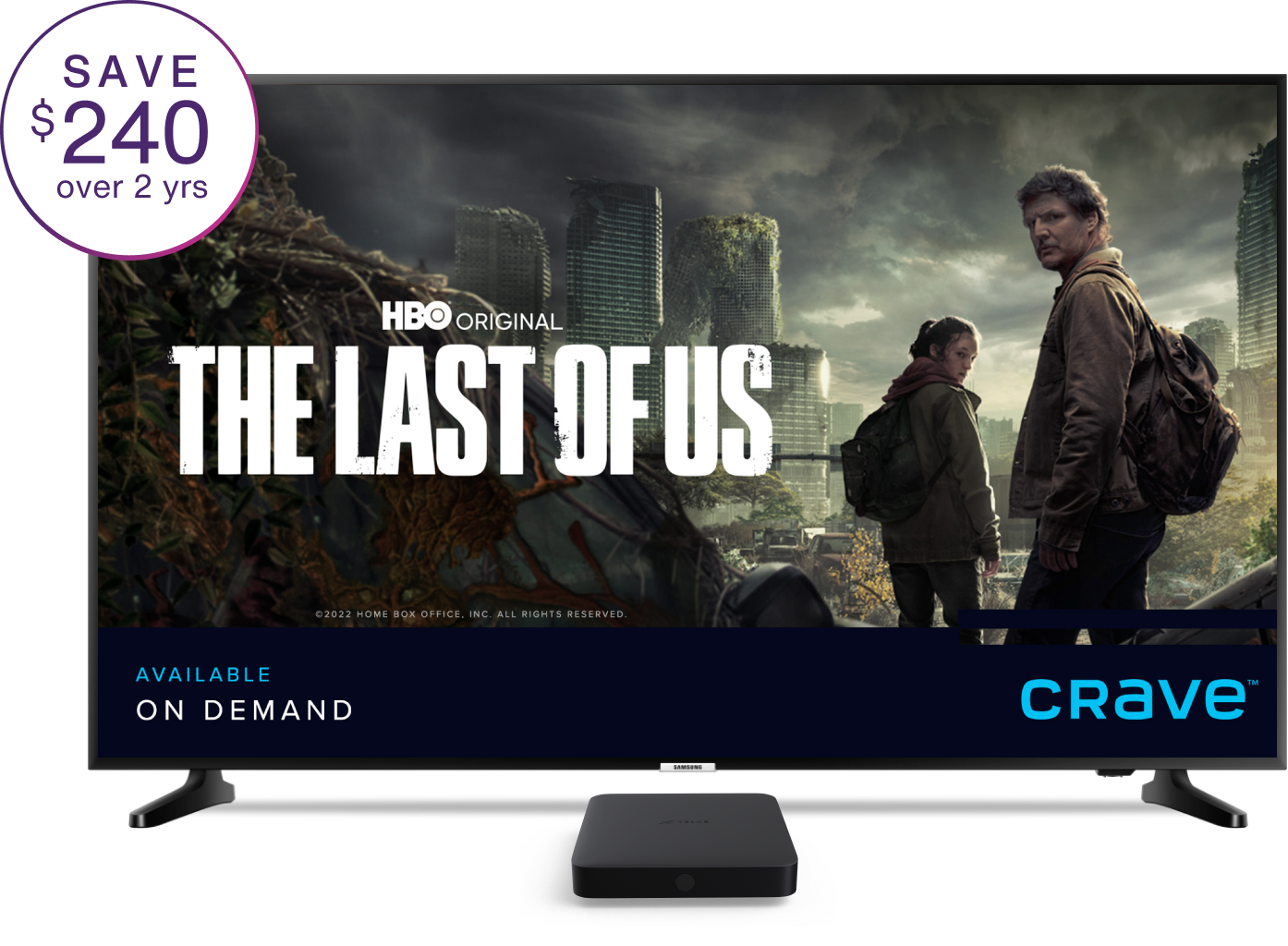 A TV displays The Last of Us along with a TELUS TV Digital Box.