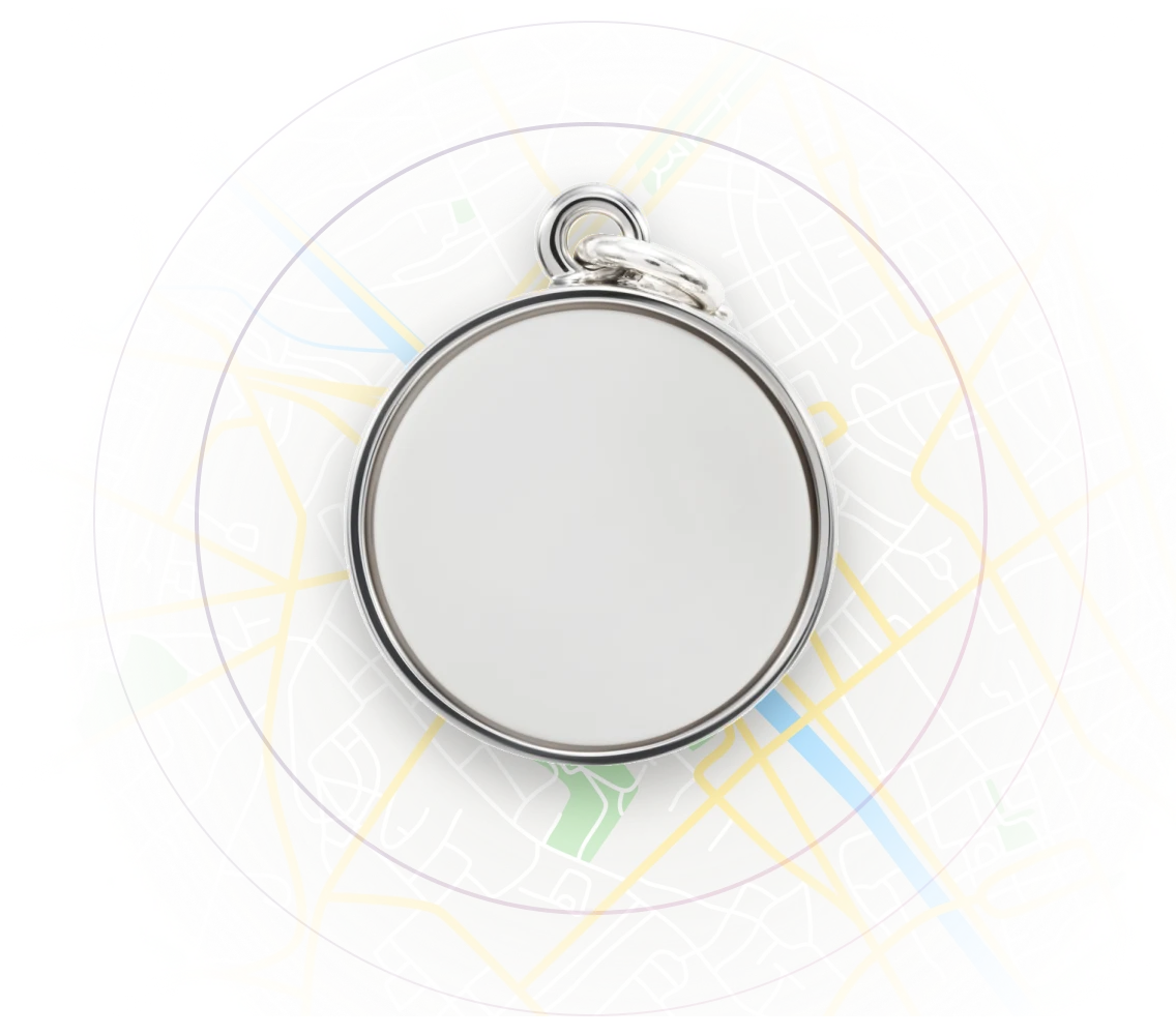 A silver SmartWear Security Charm over a GPS map background