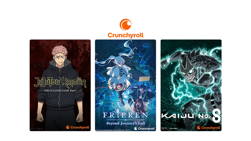 Image promotionnelle du service de diffusion en continu Crunchyroll mettant en vedette trois animés : Jujutsu Kaisen, The Culling Game Part 1, Frieren : Beyond Journey’s End et Kaiju.