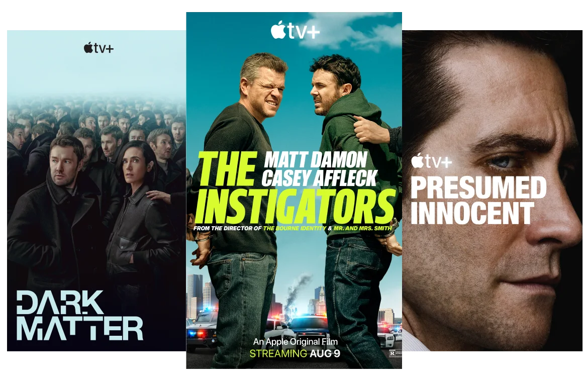 Une image montrant trois affiches Apple TV+ mettant en vedette Dark Matter, The Instigators et Presumed Innocent.