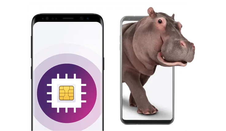 A smartphone displaying an image of a SIM card next to a Hippo emerging from a smartphone.