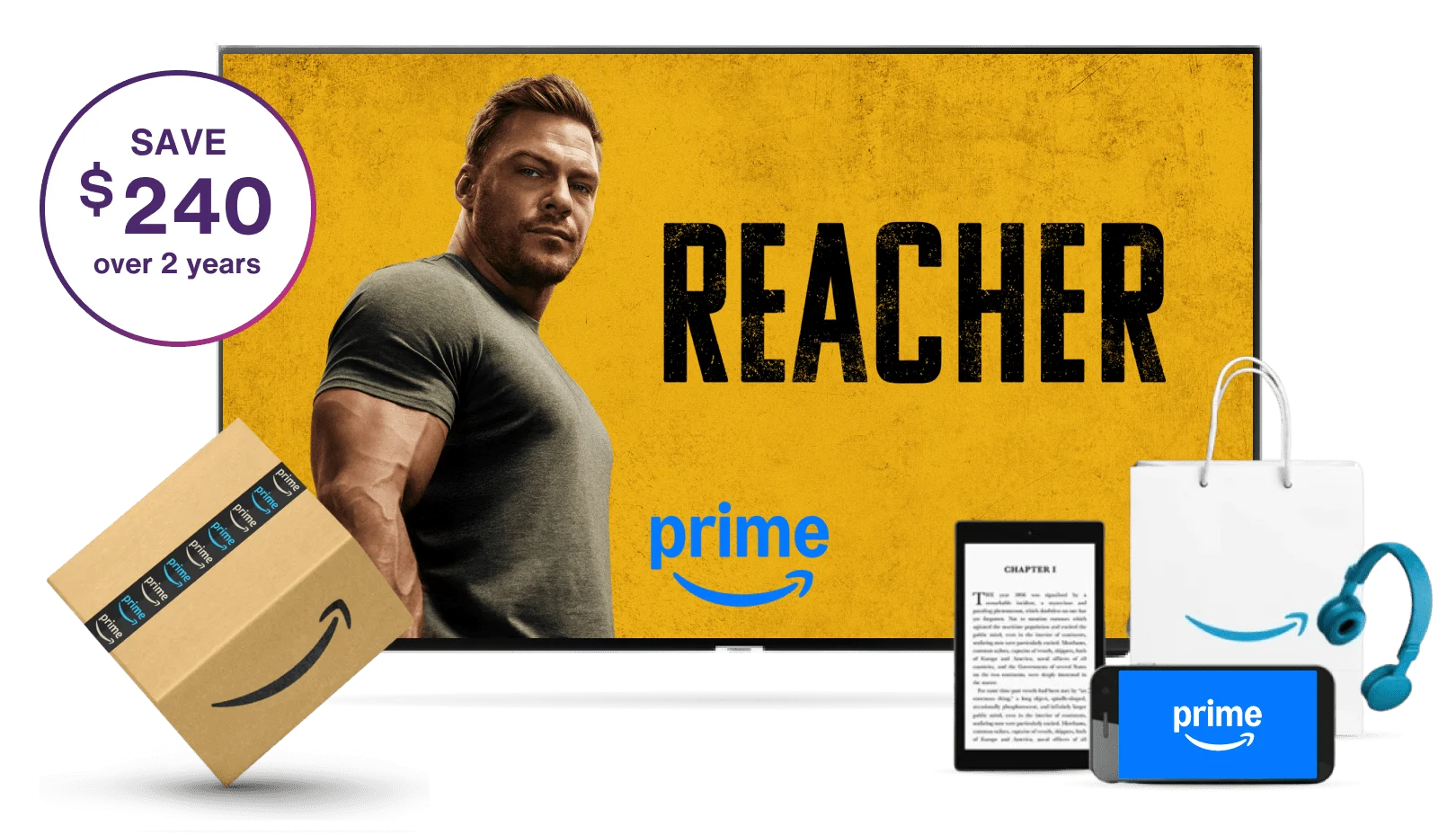 Amazon Prime, image shows amazon parcels, a Kindle e-reader, a smartphone, headphones and a television with a poster for The Rings of Power. Text reads: Save $240 over 2 years.