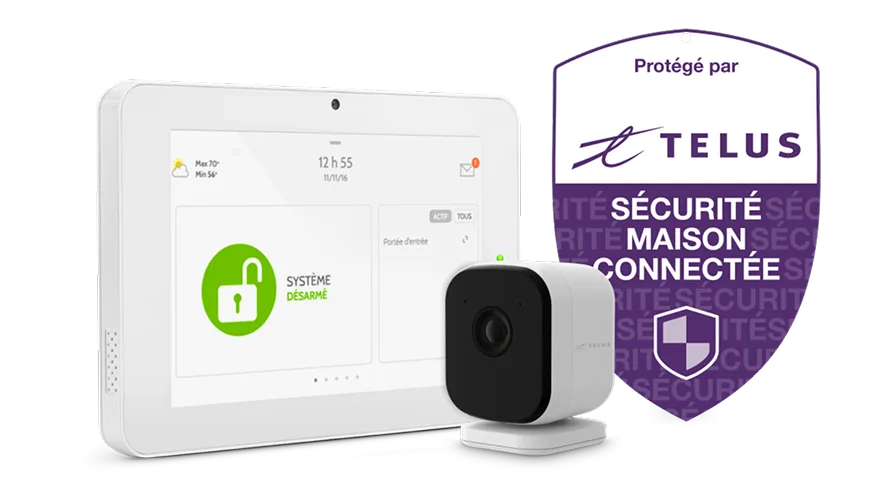 Un panneau de commande et une caméra TELUS Sécurité Maison connectée, avec un écusson indiquant « Protégé par TELUS Sécurité Maison connectée ».