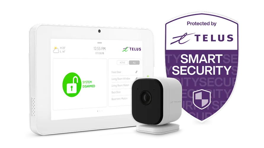 A TELUS SmartHome Security control panel and camera, with a shield badge reading 'Protected by TELUS SmartHome Security'.
