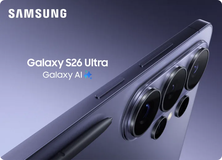 Samsung Galaxy S26 Ultra with Galaxy AI branding, close-up of camera lenses.