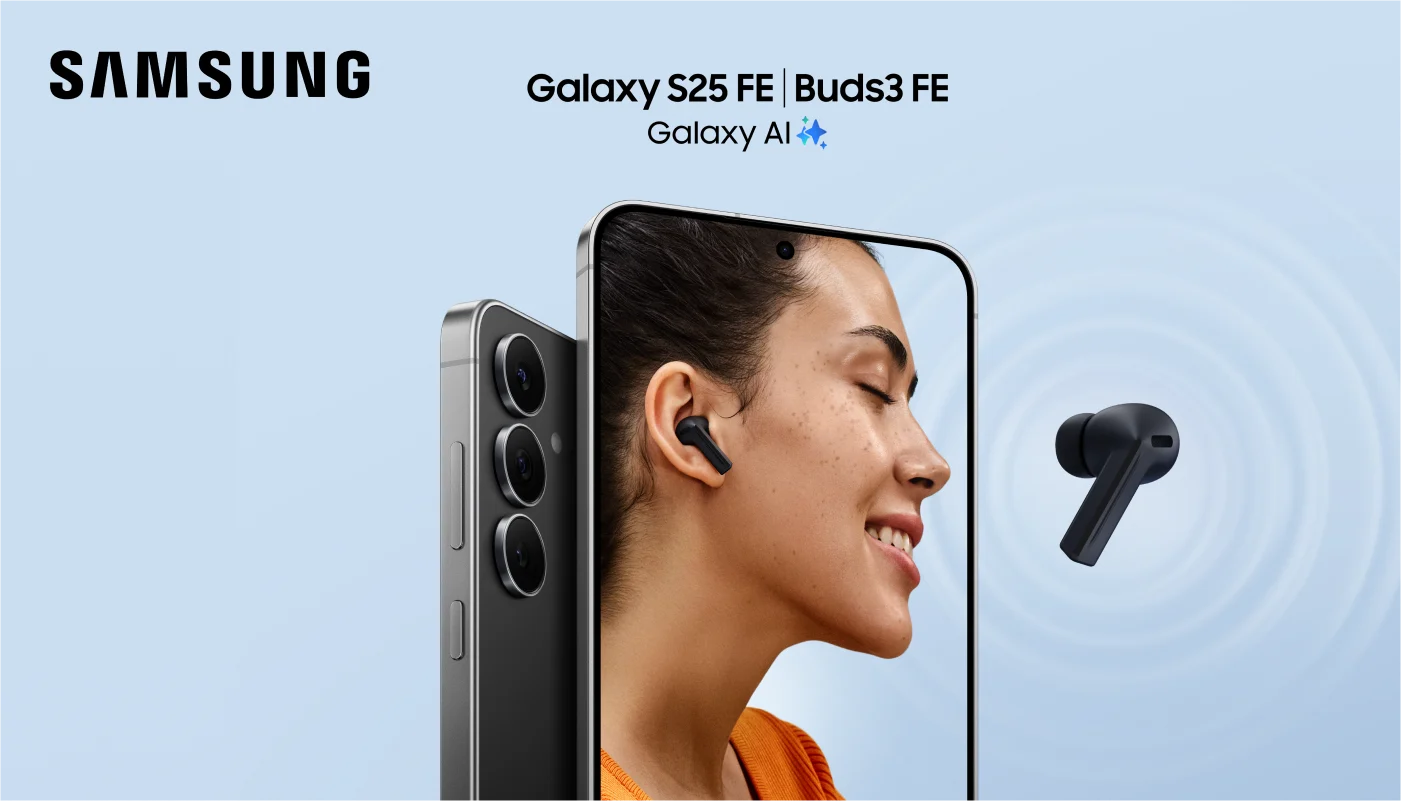 Smiling person with Galaxy Buds3 FE on S25 FE screen, with S25 FE (back view) and a floating Galaxy Buds3 FE.
