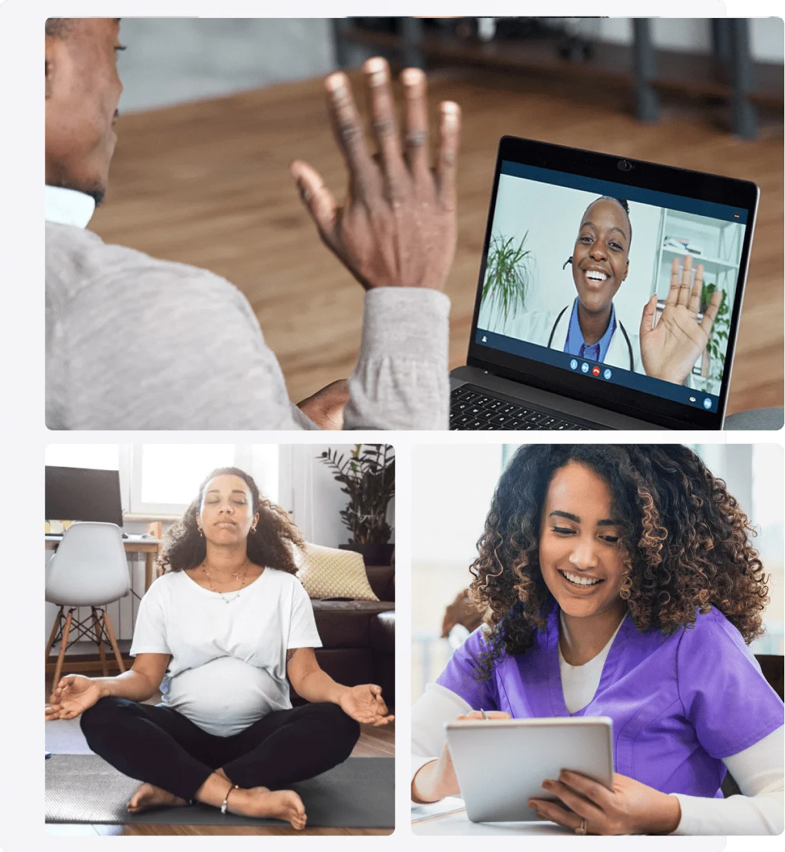 A man waving to a physician on screen, a TELUS Health team member at work and a woman meditating.