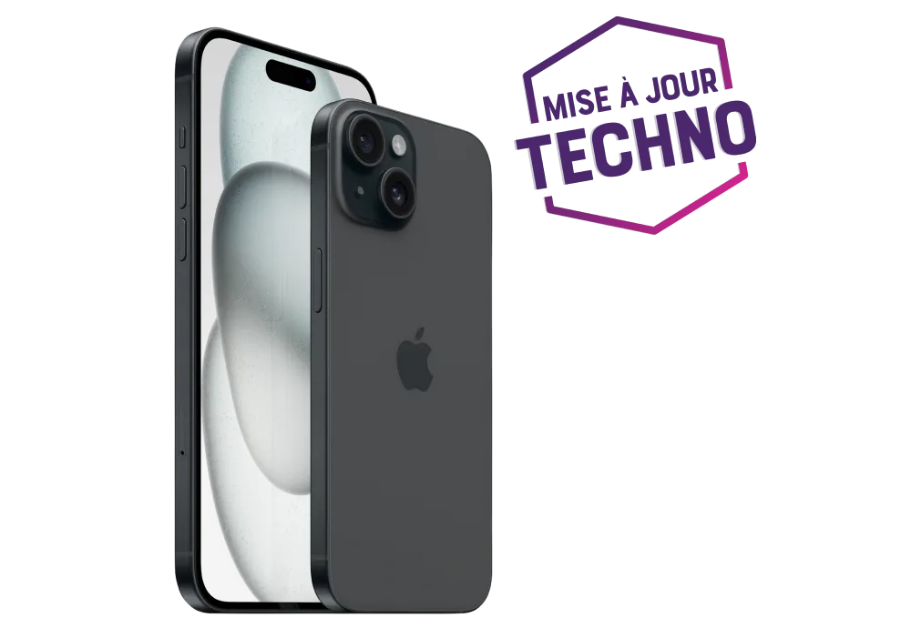Des iPhone 15 et 15 Plus d’Apple, placés à la verticale. L’un montre son écran et l’autre, placé devant à moitié, montre son extérieur noir et ses objectifs de caméra.