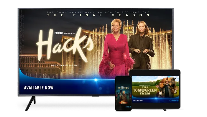 A TV, smartphone and tablet. The devices displays posters for Hacks, Tom Green Farm, and Traitors.